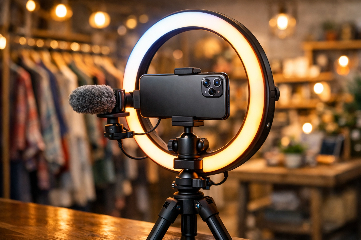 Smartphone and ring light setup for creating high-impact social media videos for a small business.