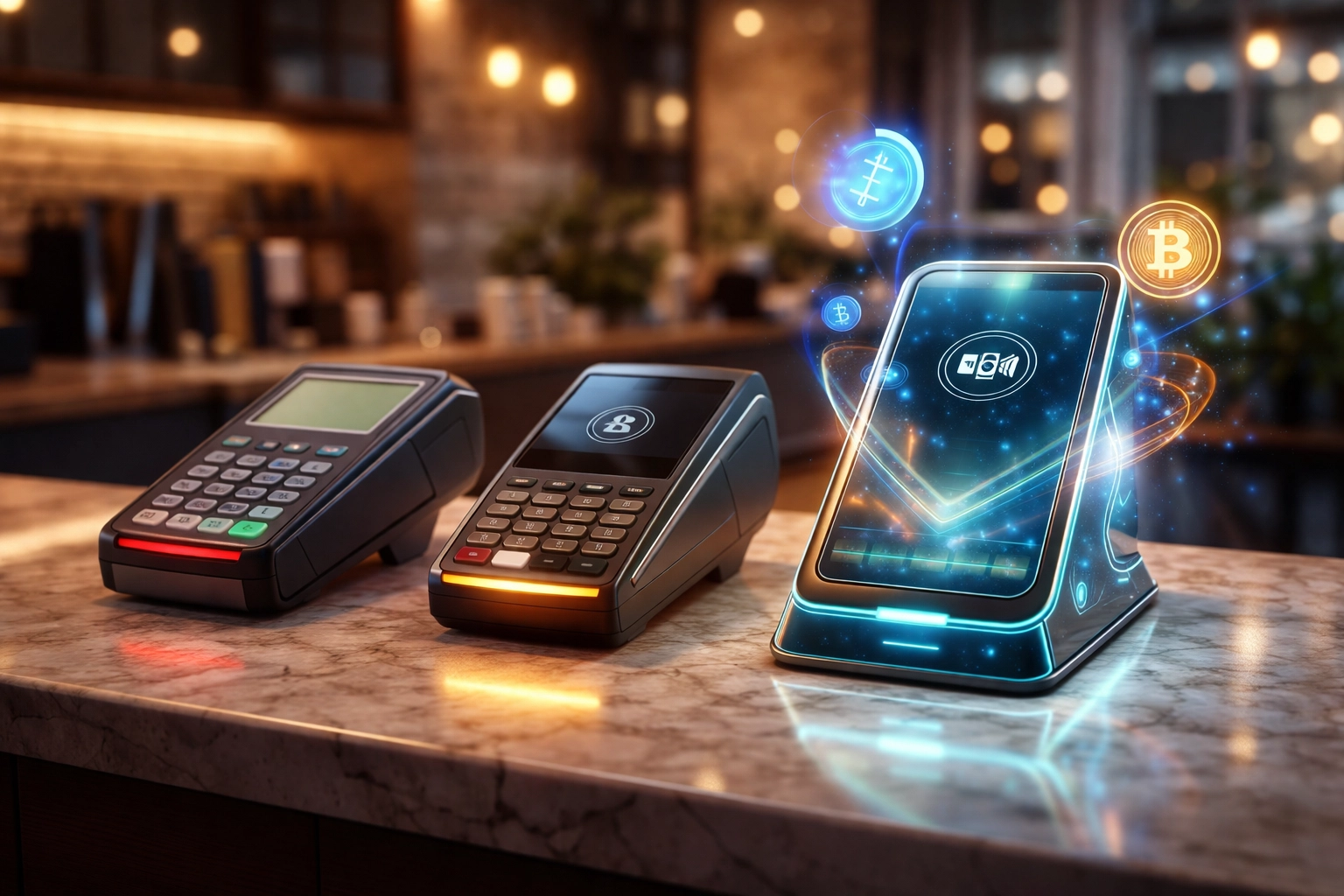 Futuristic point-of-sale terminals compared for small business crypto payments including Larecoin, CoinPayments, NOWPayments