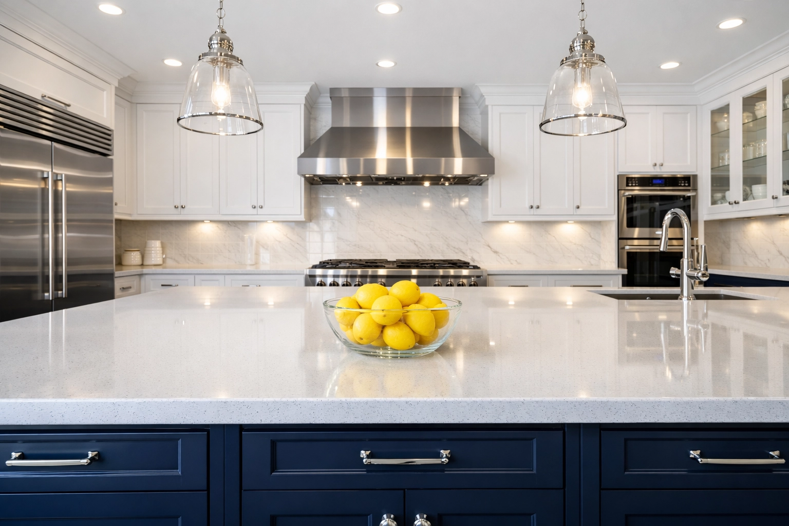 Immaculate luxury kitchen with white cabinets and gleaming surfaces after professional deep cleaning in North Reading.
