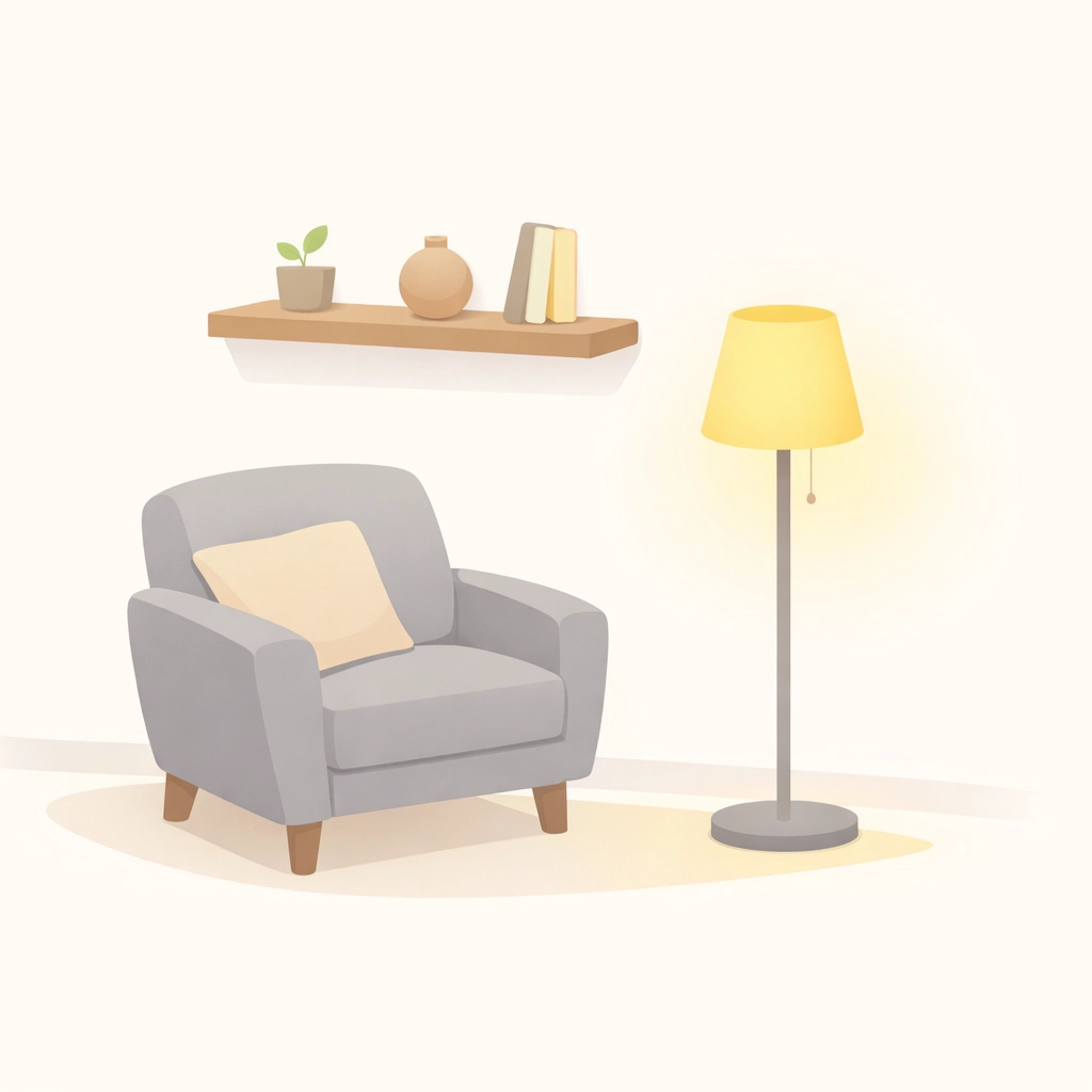 Comfortable living room with floating shelf installed by handyman