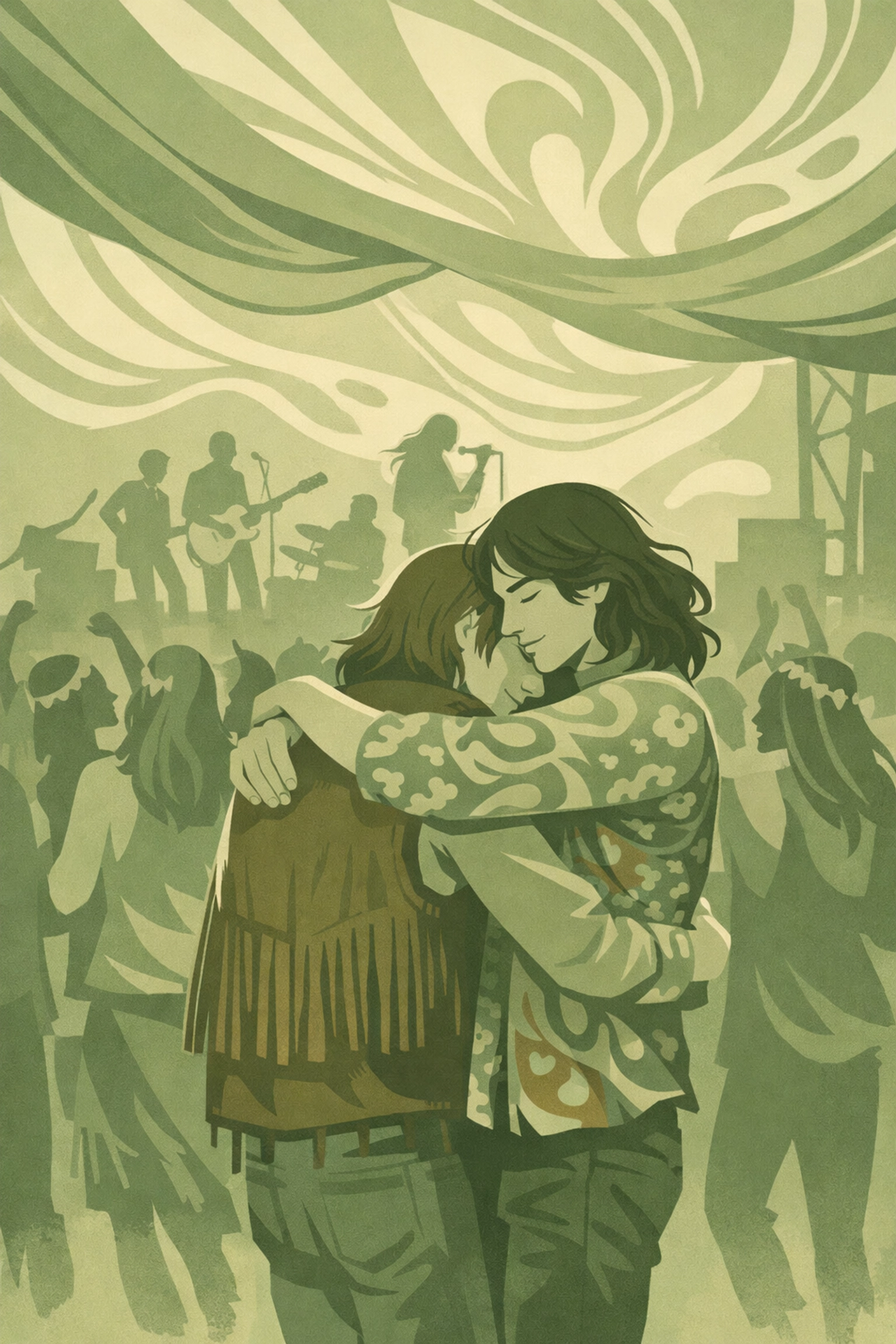 Gay men embracing at Haight-Ashbury music festival during 1960s counterculture movement