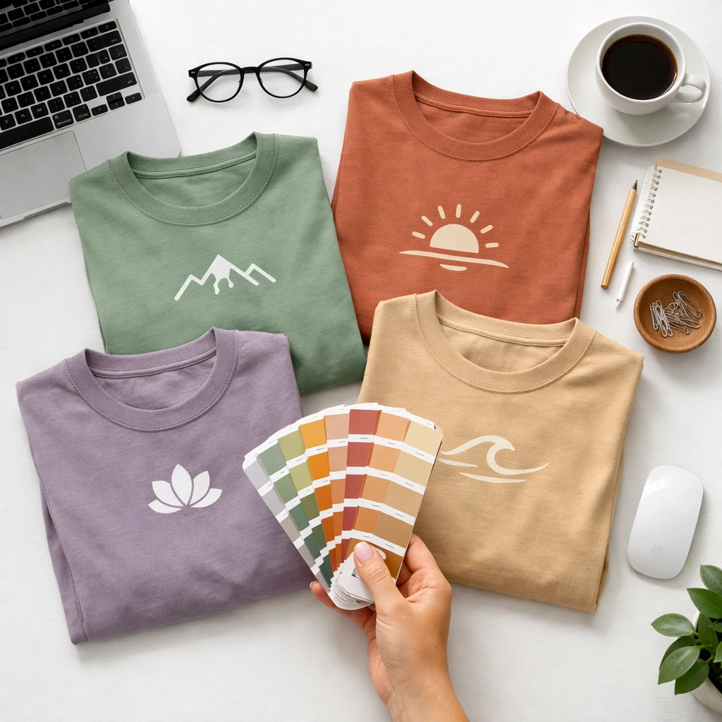 Custom t-shirts in spring 2026 colors featuring minimalist logo designs and earth tone palettes