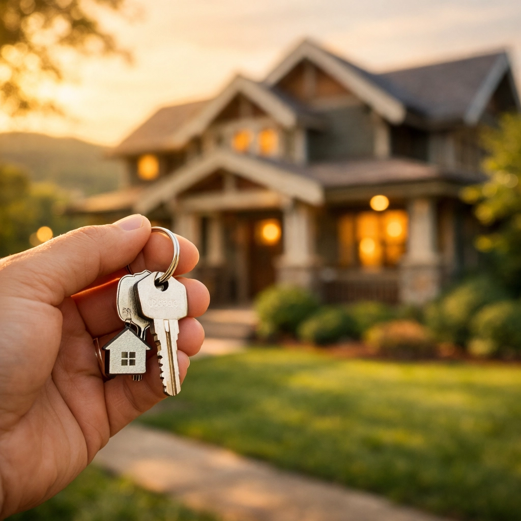 New homeowner holding keys to a craftsman house in Chattanooga after a successful real estate closing.