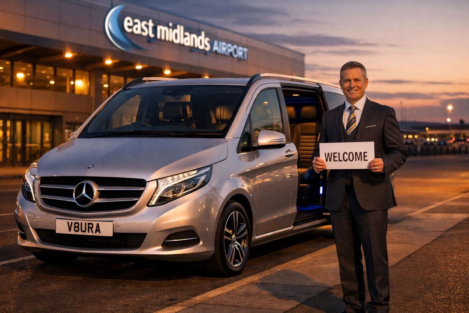 Professional chauffeur with Mercedes-Benz V-Class at Nottingham airport for pre-booked transfer service