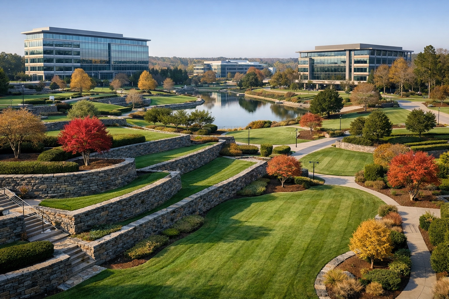 Expansive commercial corporate campus in North Carolina showcasing a high-value, year-round landscaping contract.