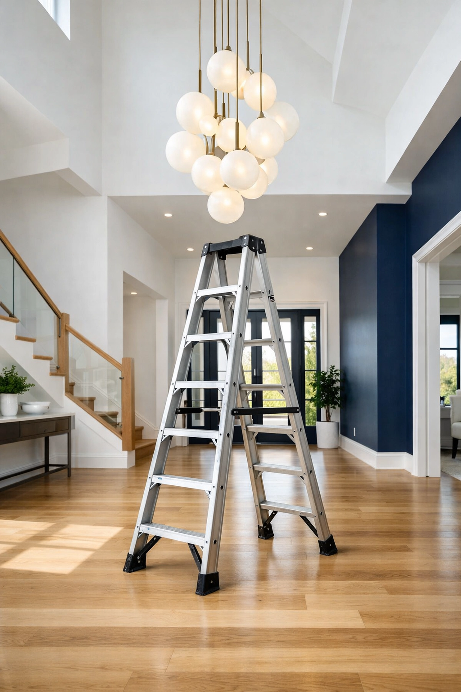A professional A-frame ladder safely positioned to clean a high-end modern pendant light in a foyer.