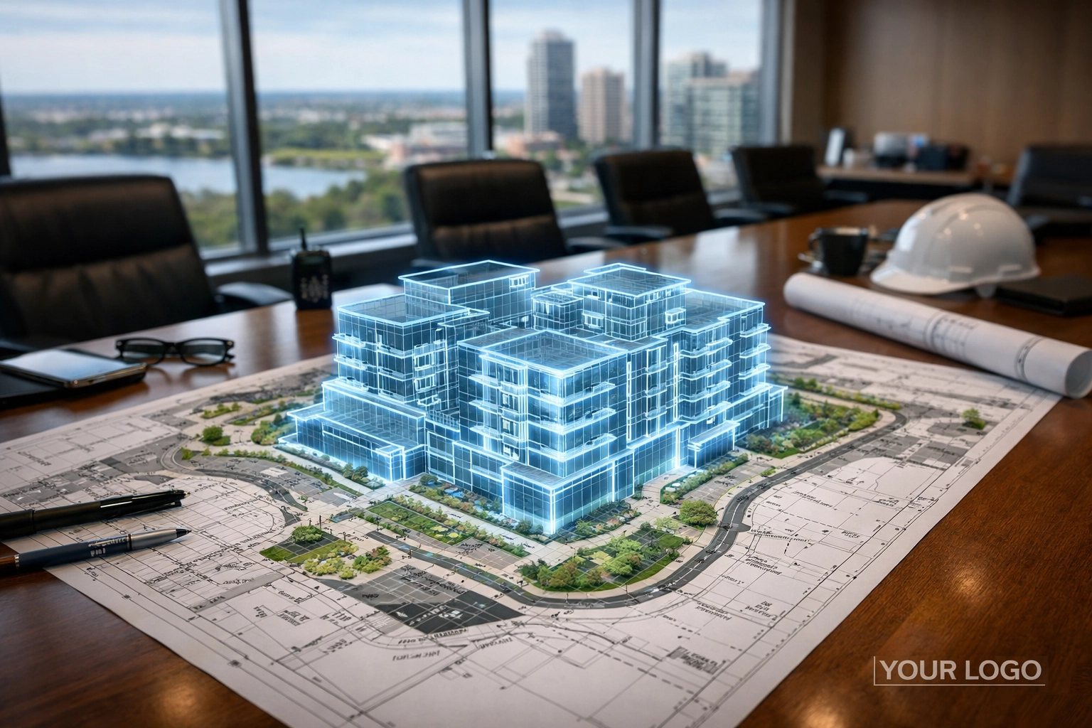 Collaborative site plan approval meeting featuring detailed civil engineering blueprints.