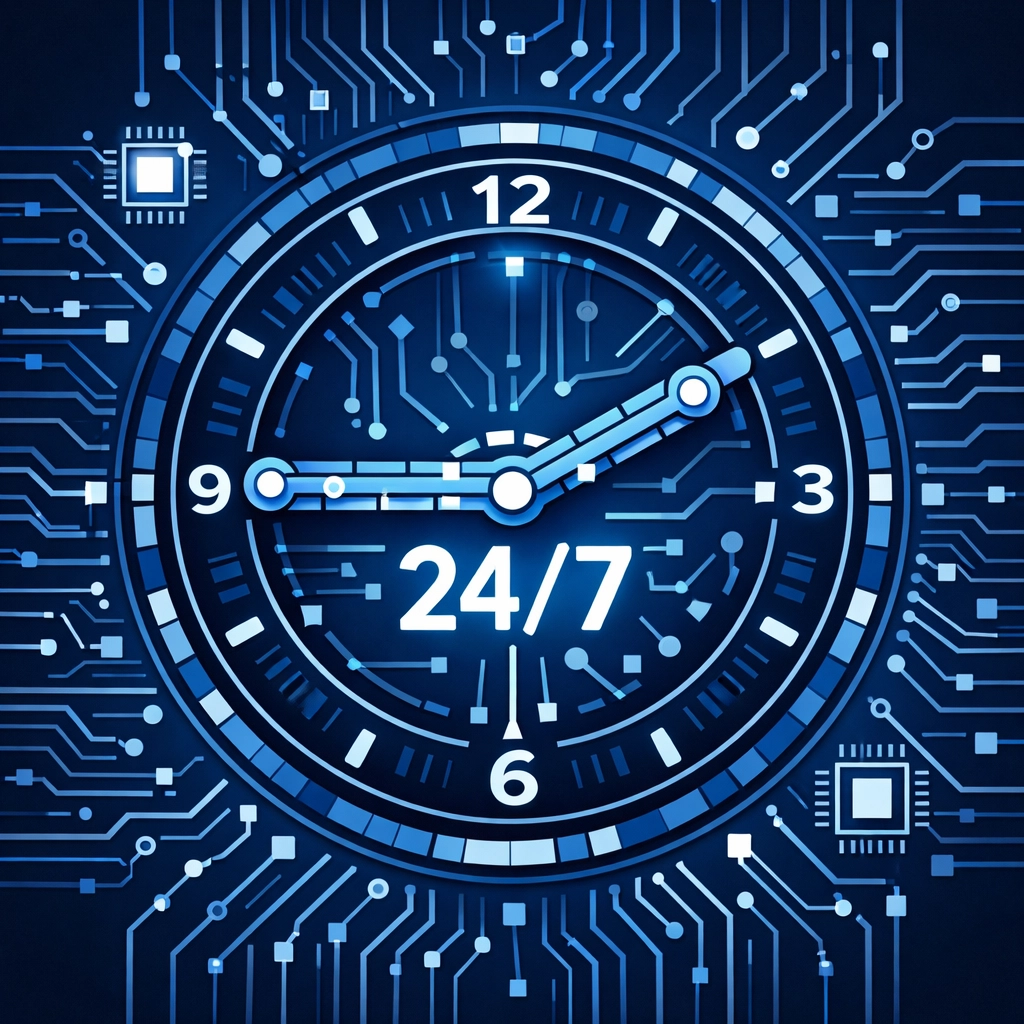 Symbolic 24/7 clock on a circuit board representing continuous managed IT support for businesses.