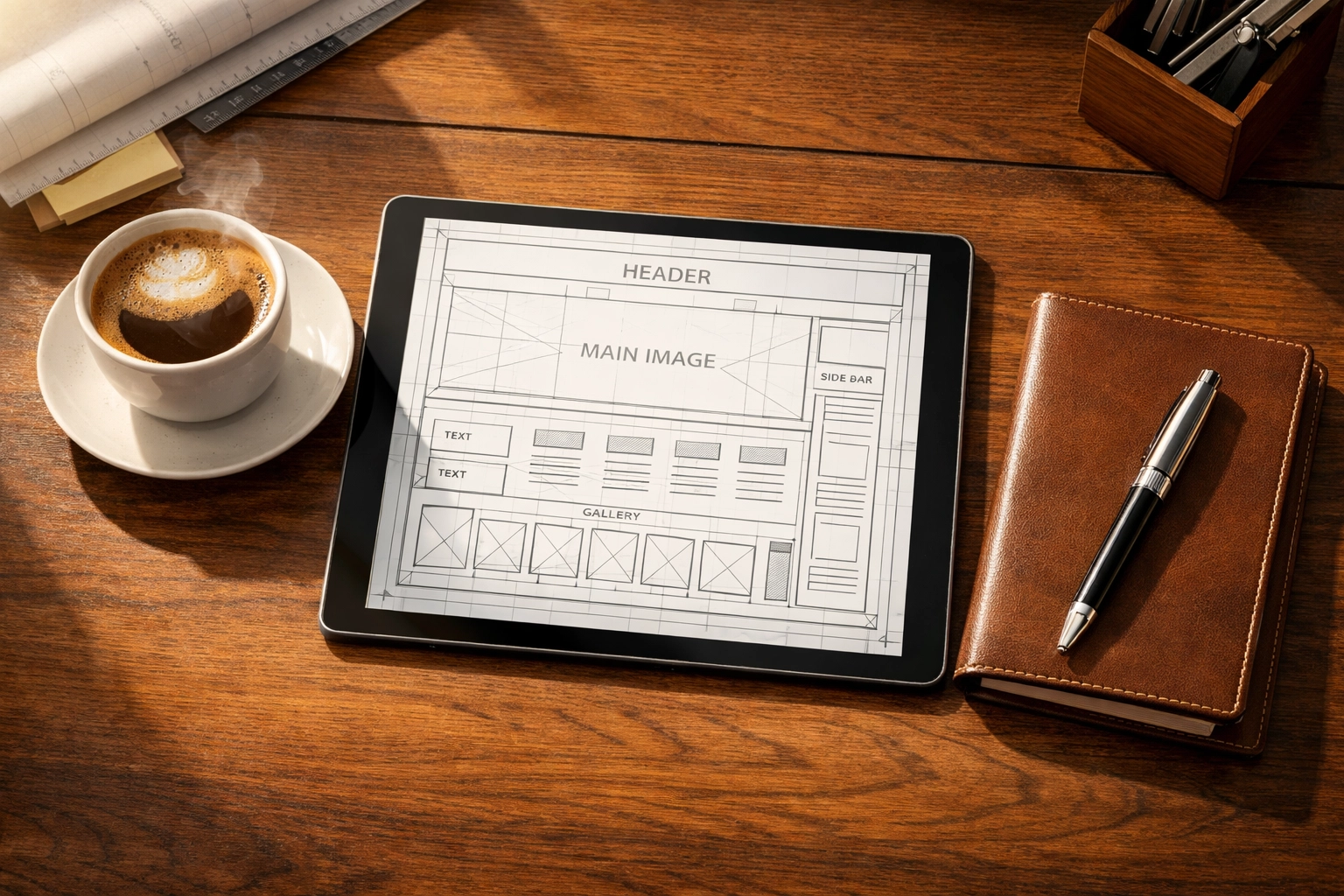 Website wireframe on a tablet during the strategic planning phase of small business web design.