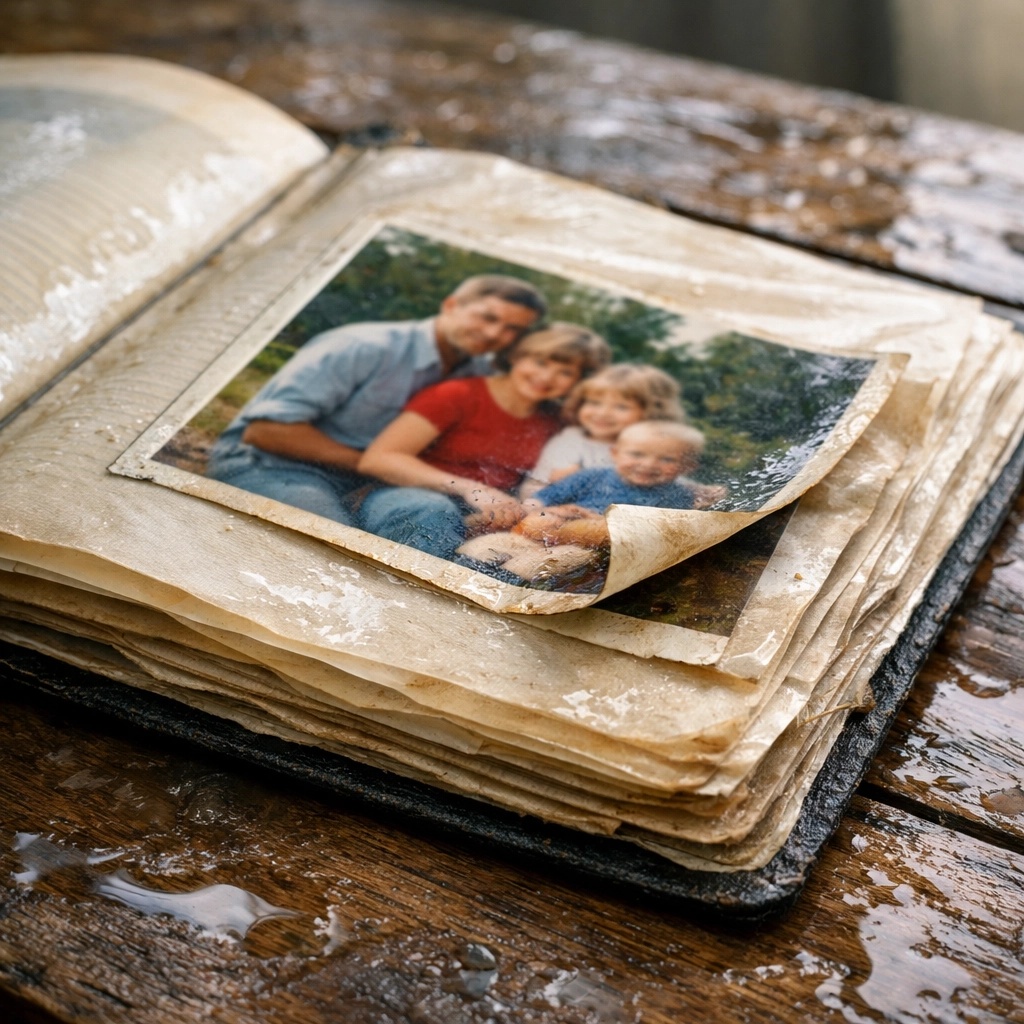 Water damaged photo album in Southern Louisiana showing the effects of flooding on family photo restoration.