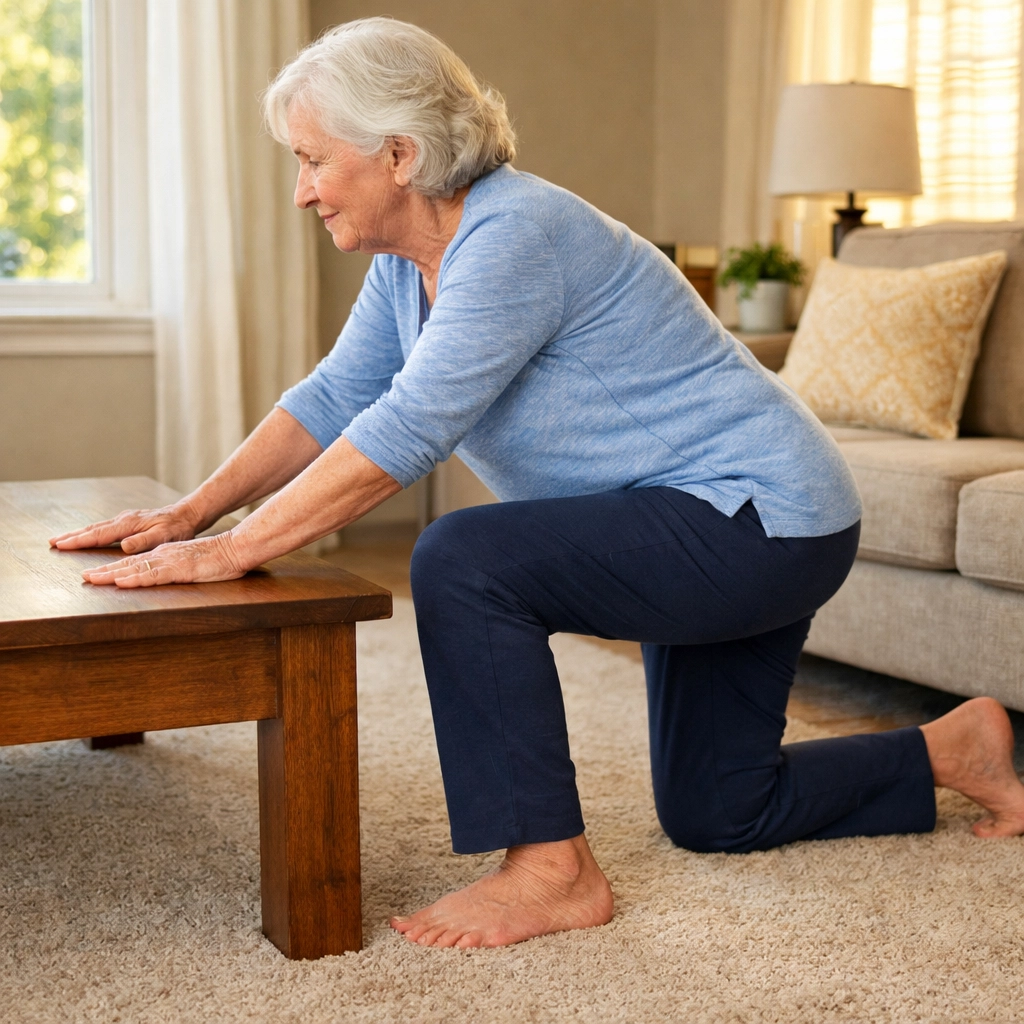 Older woman using coffee table to safely stand up after falling