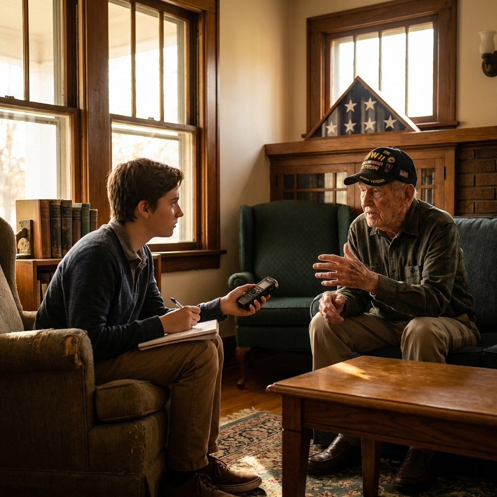Why Telling America's Stories Still Matters (Pick Up an Oral History Kit for the 250th) Young adult interviewing elderly veteran for oral history in a patriotic living room setting, bridging generations