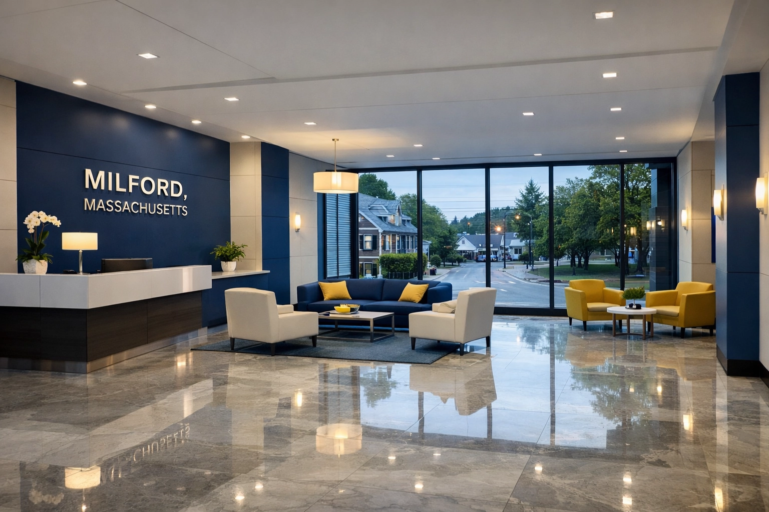 Pristine office lobby with polished floors showcasing professional commercial cleaning in Milford.