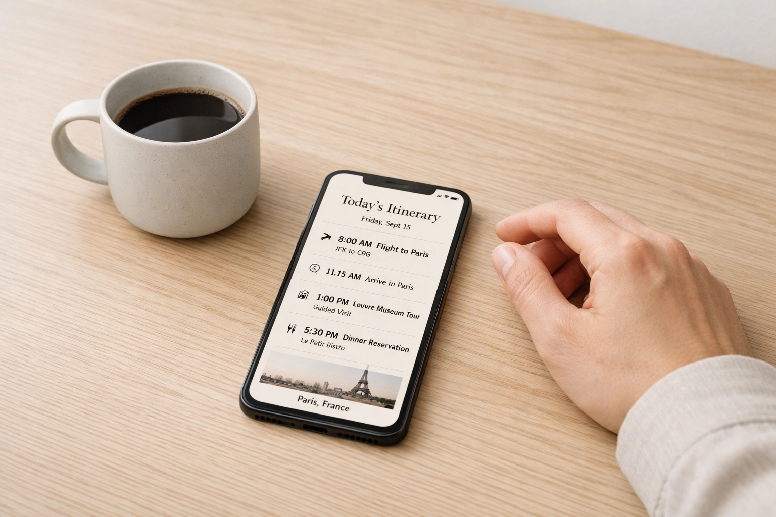 A smartphone showing an automated travel itinerary on a minimalist wooden table with a coffee cup.