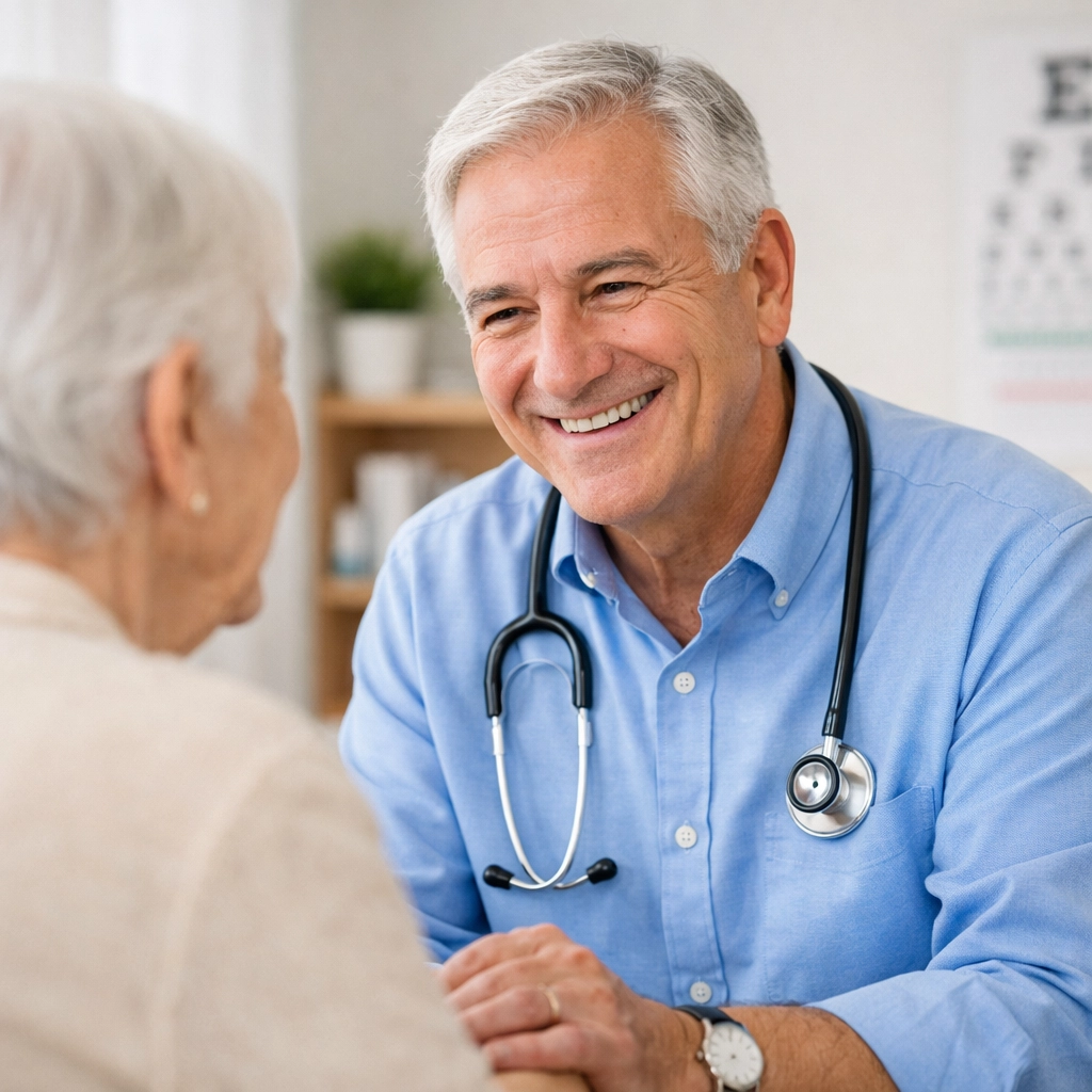 A physician providing personalized care to an elderly patient, highlighting the impact of healthcare consolidation.