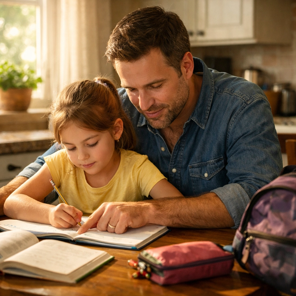 Father helping child with homework showing parental involvement in custody case
