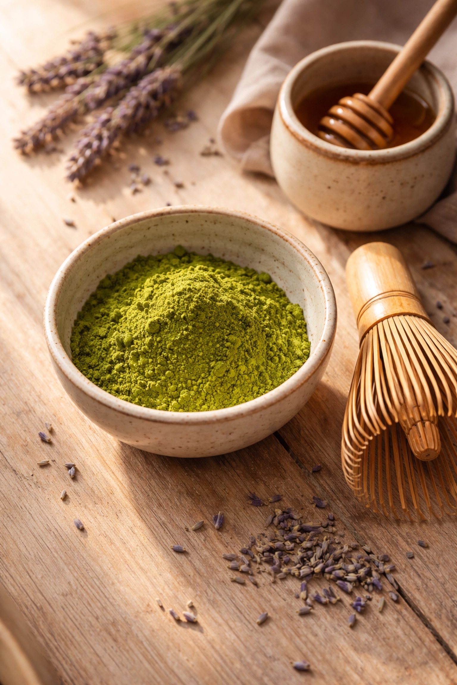 Ceramic bowl of vibrant green matcha powder with bamboo whisk and dried lavender, ideal for matcha latte recipes