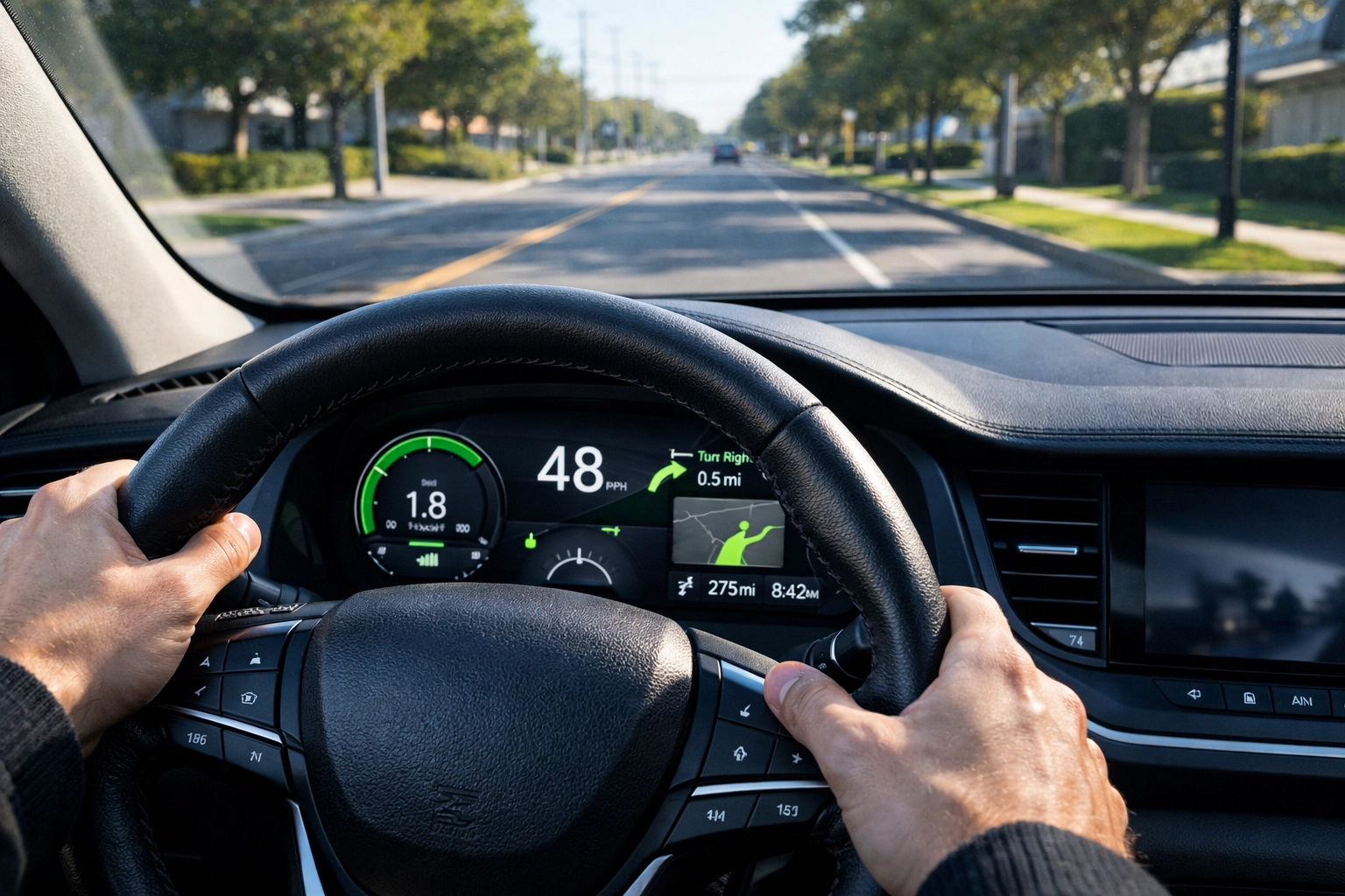 Driver holding a tilted steering wheel showing a vehicle pulling to one side due to misalignment.