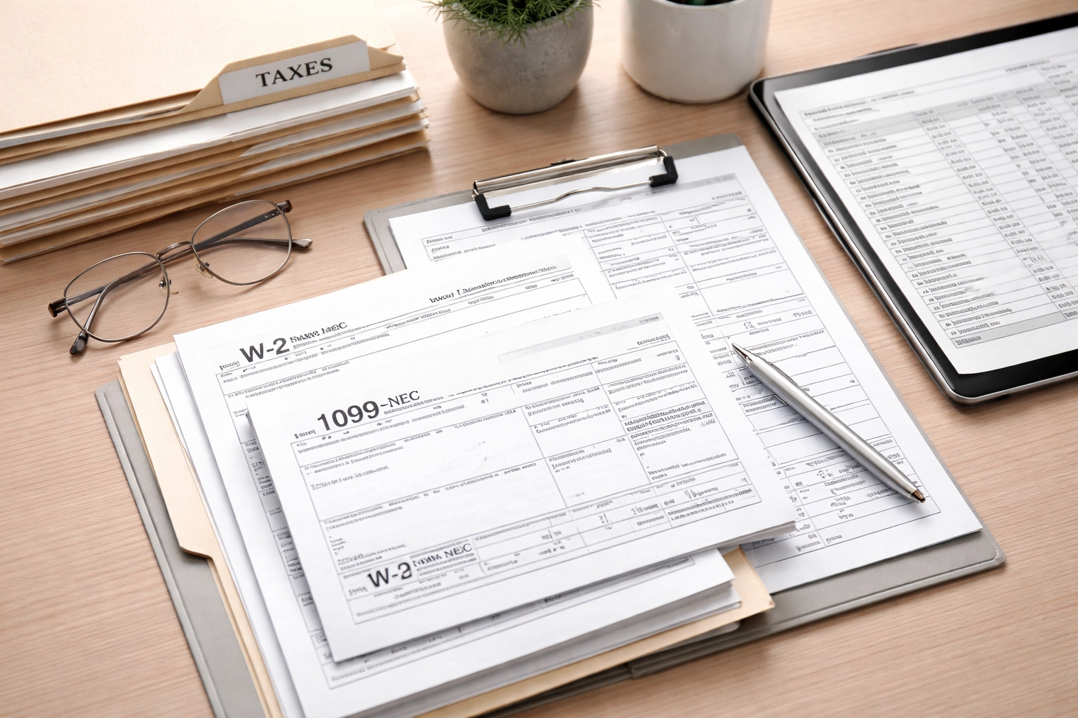 Neatly organized W-2 and 1099 forms on a desk, illustrating key tax documents for client intake in 2026