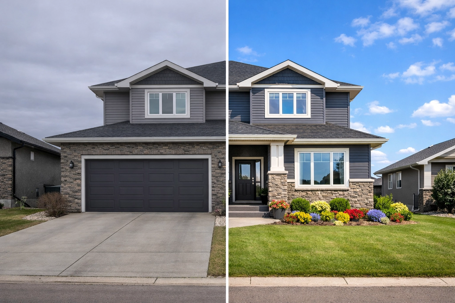 Before and after sky replacement showing real estate photo enhancement for spring