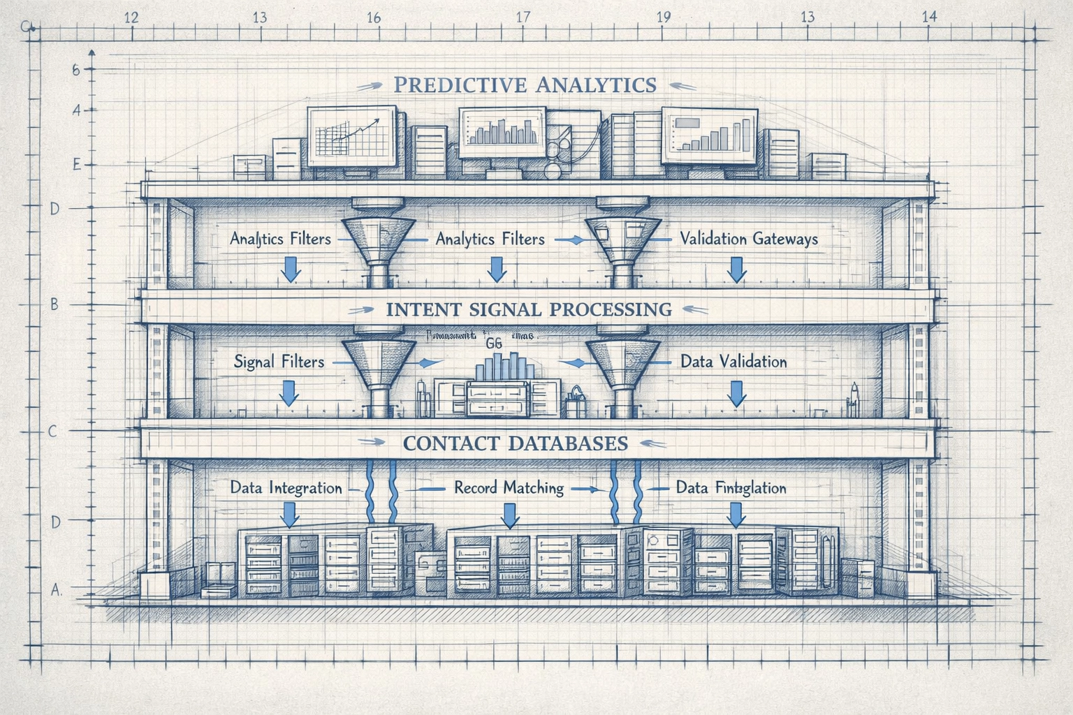 B2B lead generation data intelligence platform architecture with contact databases and analytics layers