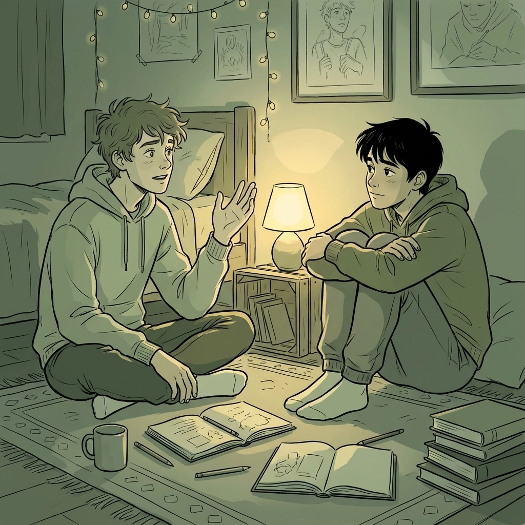 Two young men in intimate late-night conversation exploring gay love and vulnerability