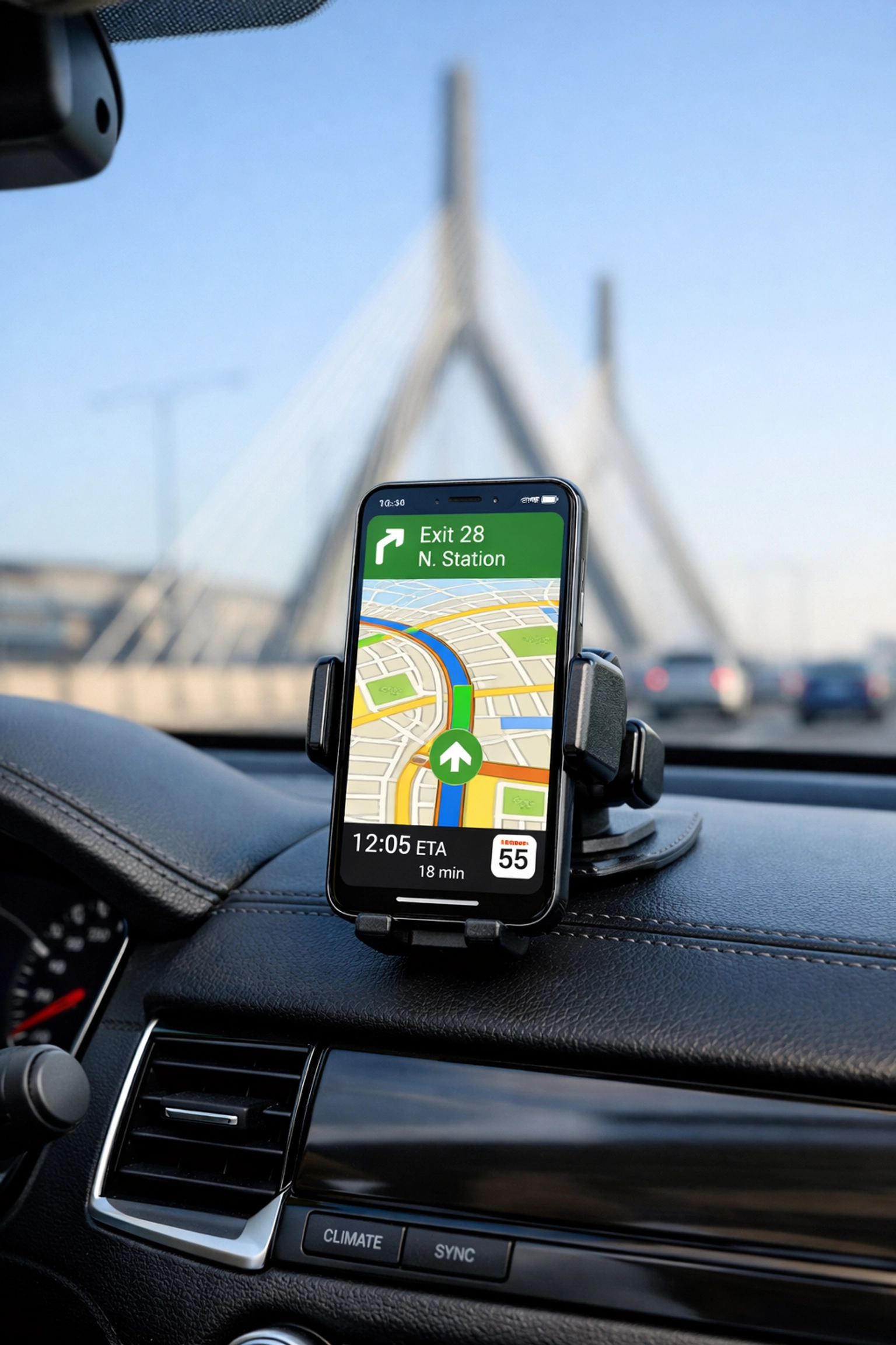 Rideshare app navigation on a car dashboard while driving through Boston, Massachusetts.