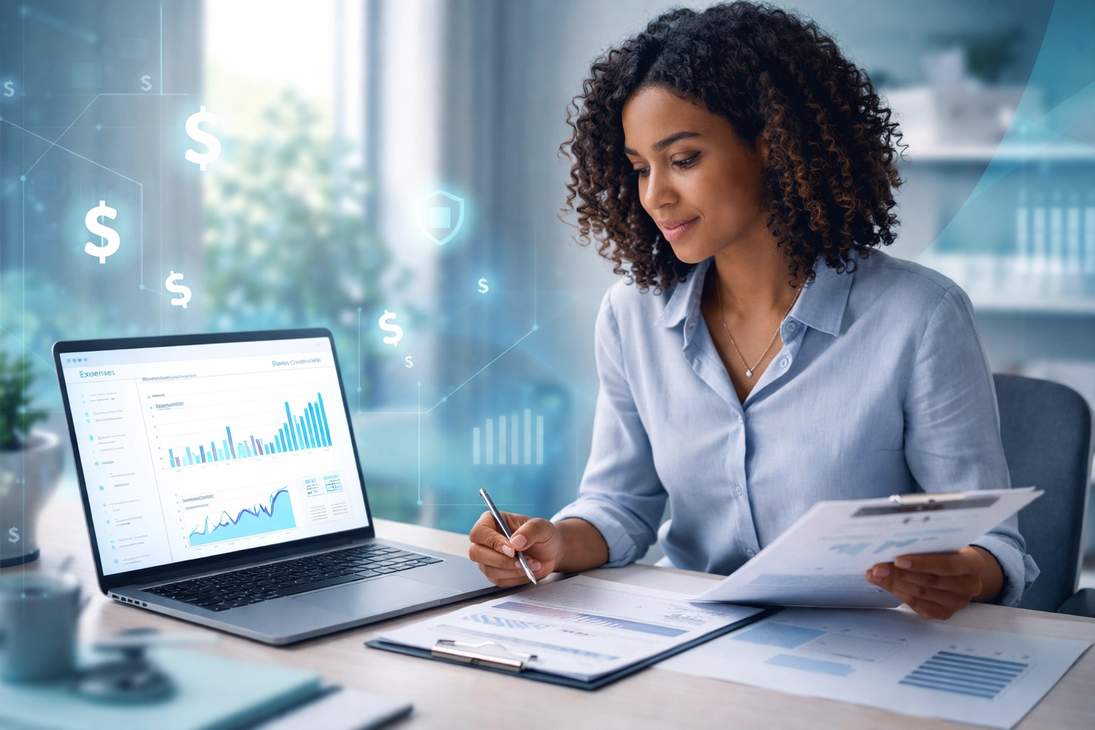 Small business owner analyzing IT cost savings dashboard highlighting managed IT services and security benefits