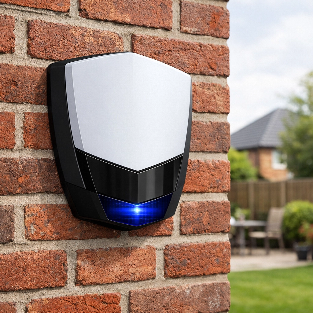 Professional intruder alarm bell box installed on a red-brick house in Portsmouth.