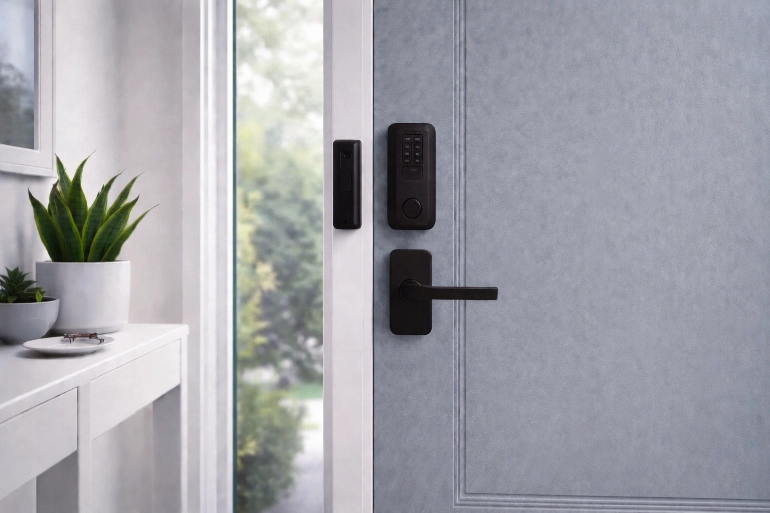 Modern entryway with smart lock, video doorbell, and camera, illustrating luxury home security automation features