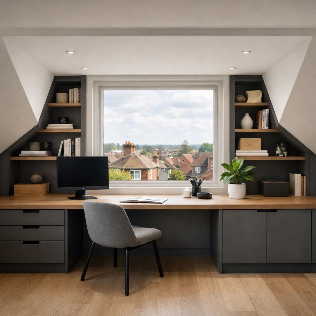 Finished home office loft conversion featuring a dormer window and bespoke storage in the eaves.