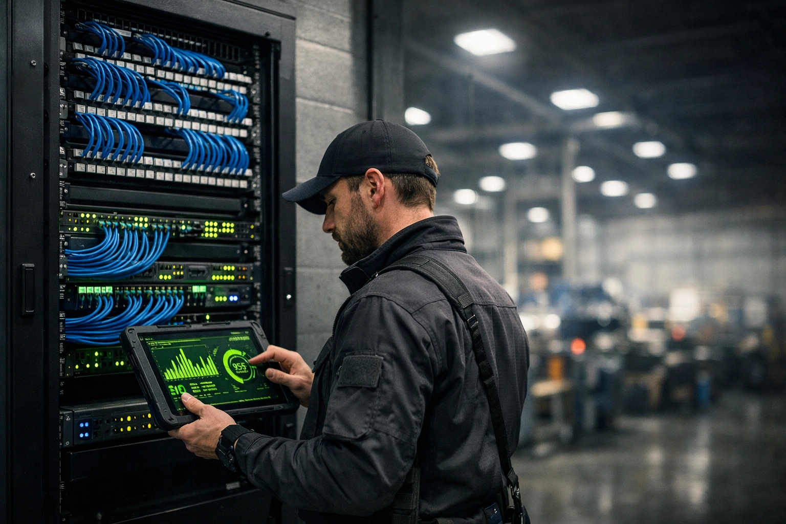 IT support technician performing a network audit at a manufacturing facility in Columbus, Nebraska.