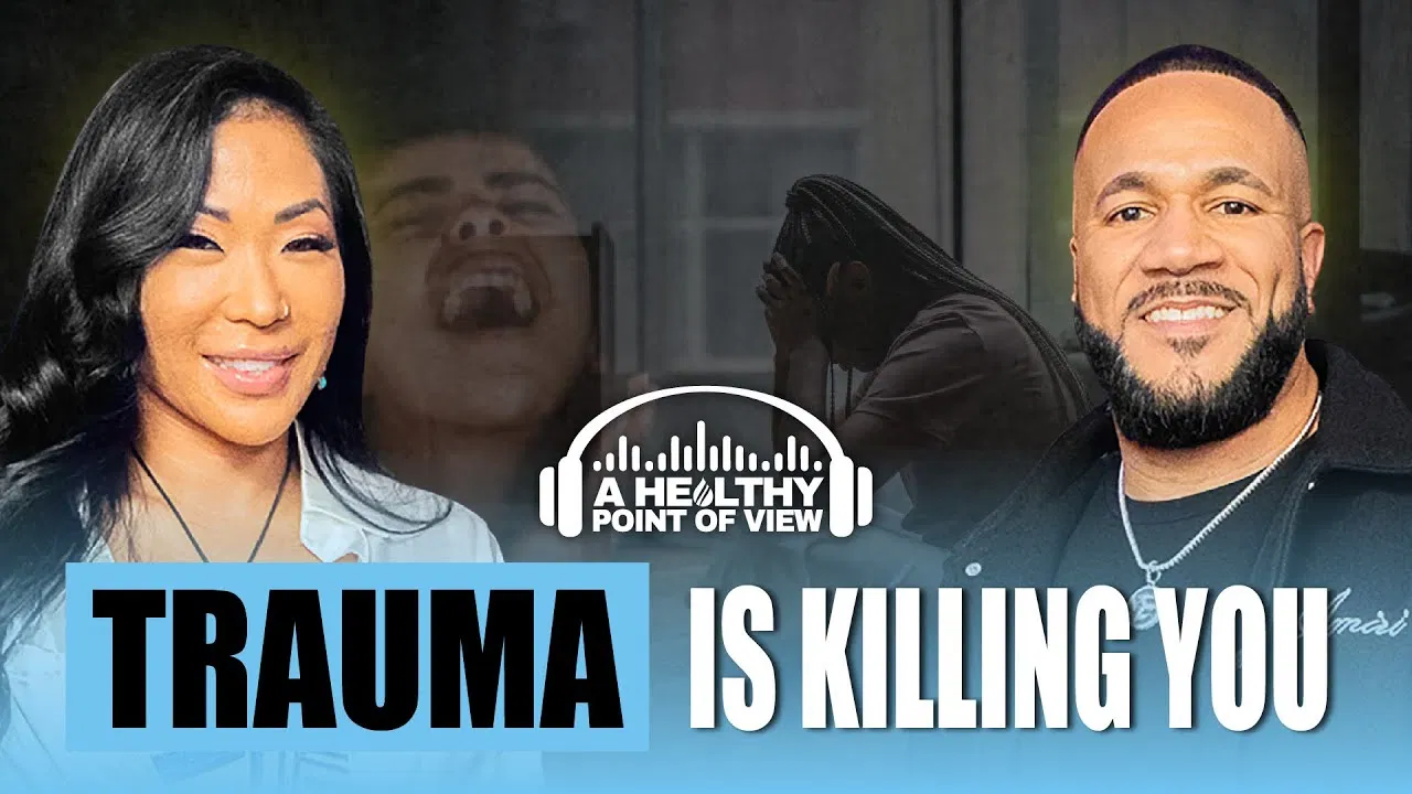 Podcast promotional graphic for Enhanced Flow (Elisabeth Unlimited) featuring two smiling hosts, overlaid with images of emotional distress in the background.