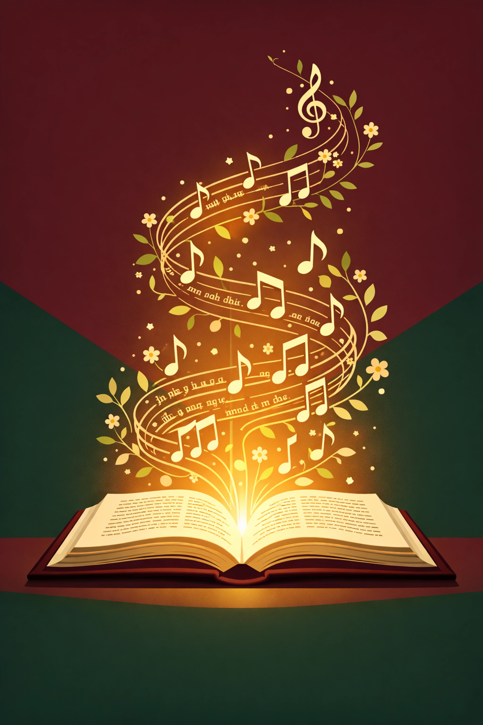 Open Bible with Scripture verses transforming into worship music notes