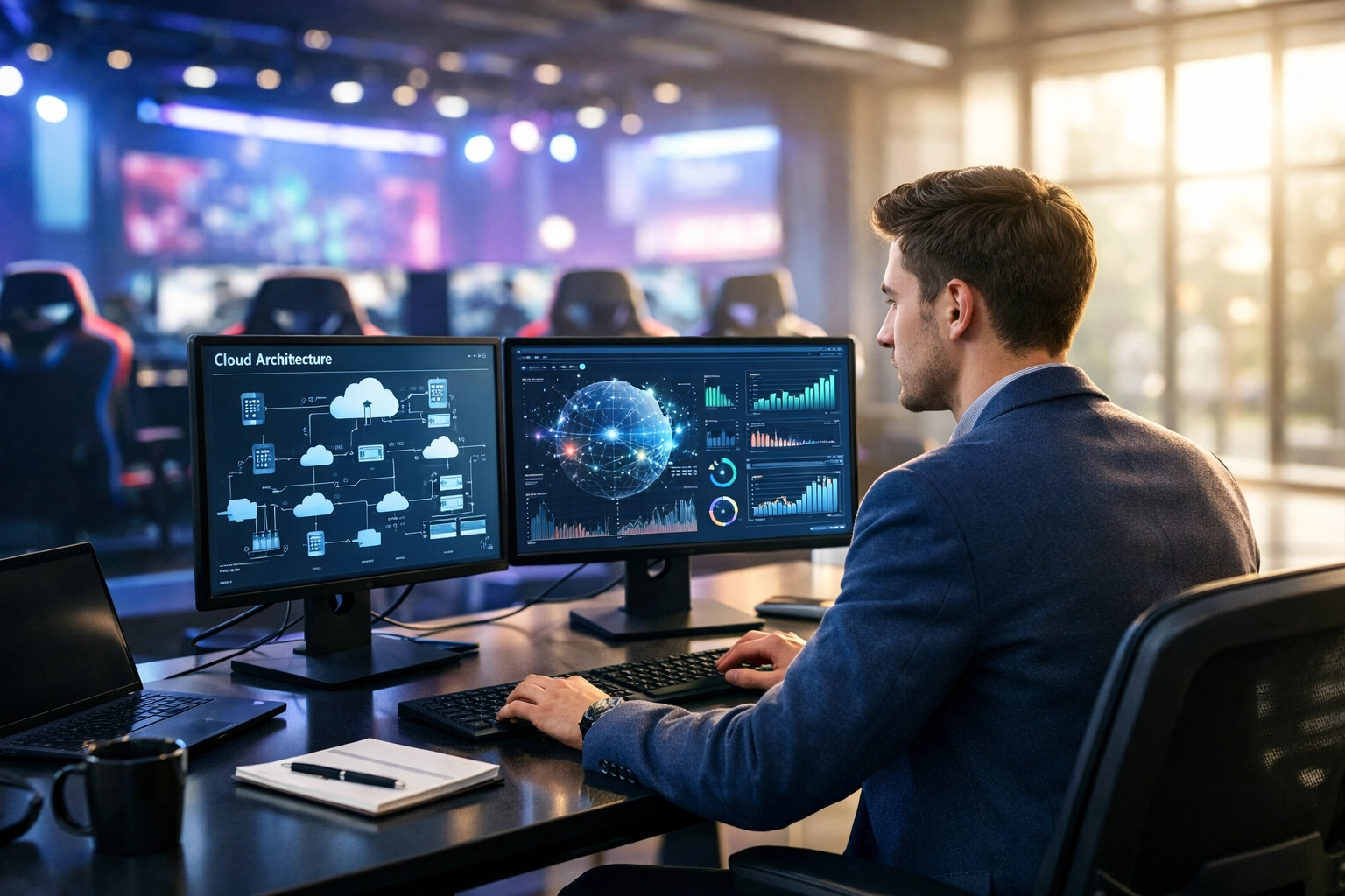 Professional training hub showing the transition from esports to cloud and network engineering career-readiness.