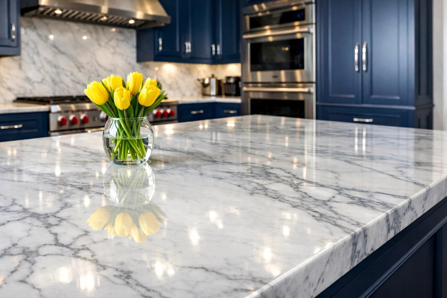 Polished Calacatta marble kitchen island in a Marblehead home after recurring luxury cleaning.