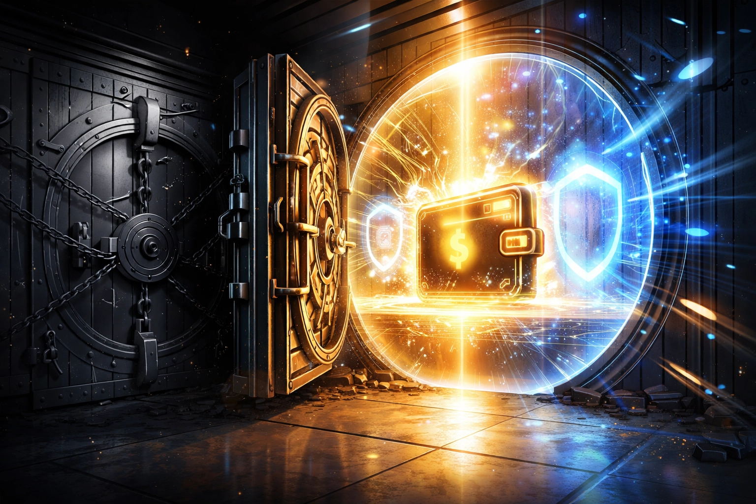 A secure digital vault revealing a self-custody crypto wallet, illustrating financial sovereignty and blockchain payment security.