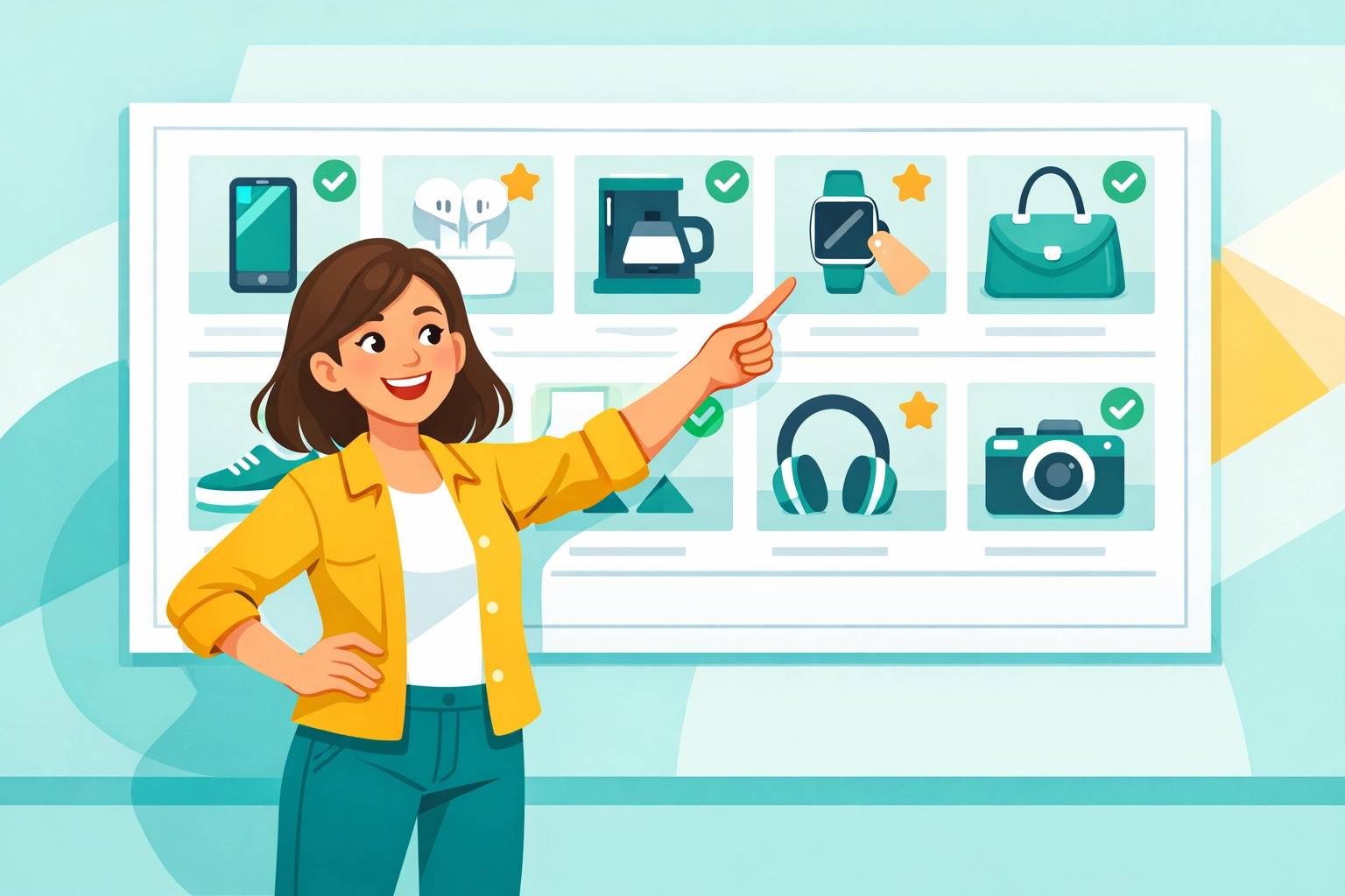 Happy shopper finding best online deals on organized curated deal site display