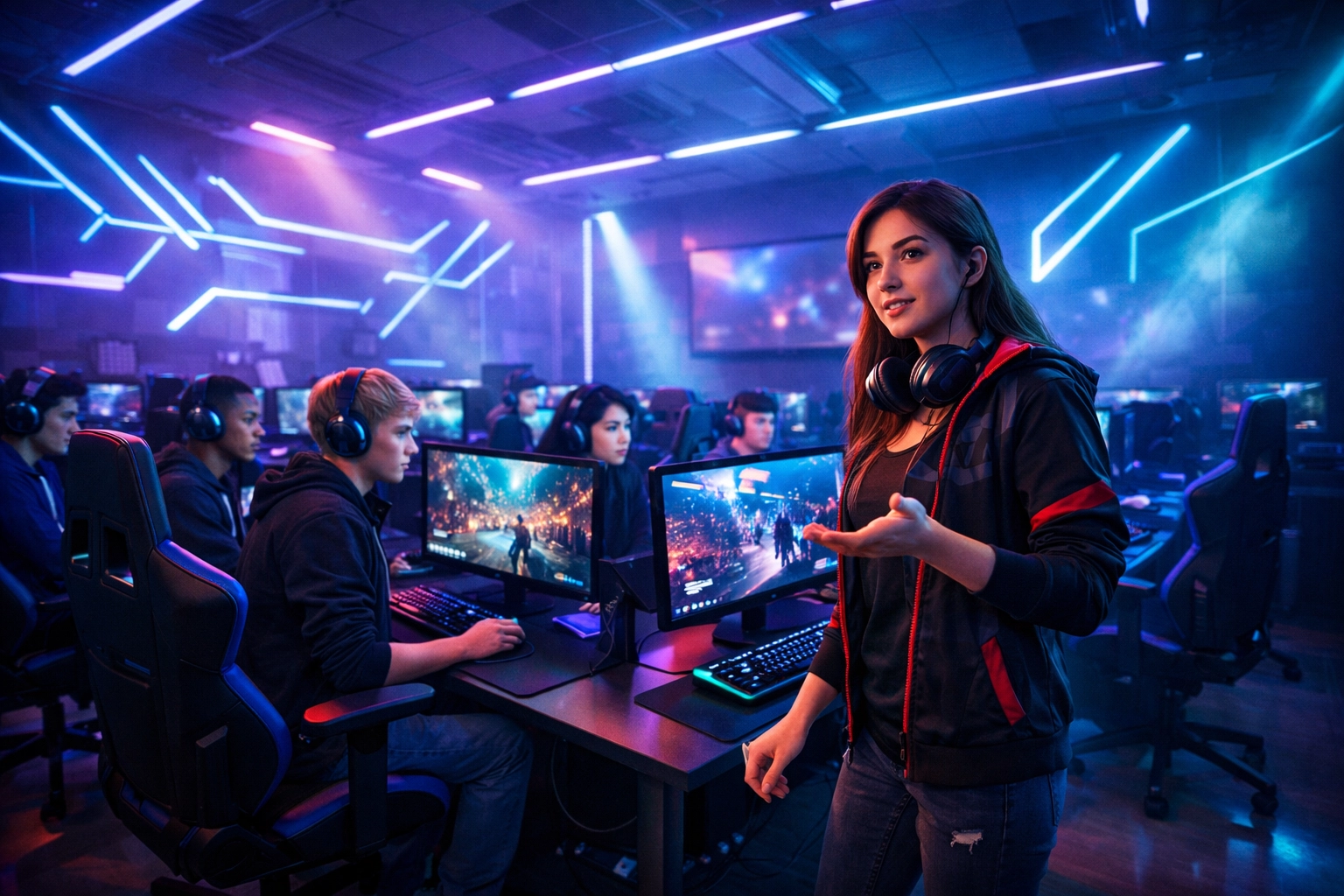High school esports training center with students developing teamwork and leadership skills