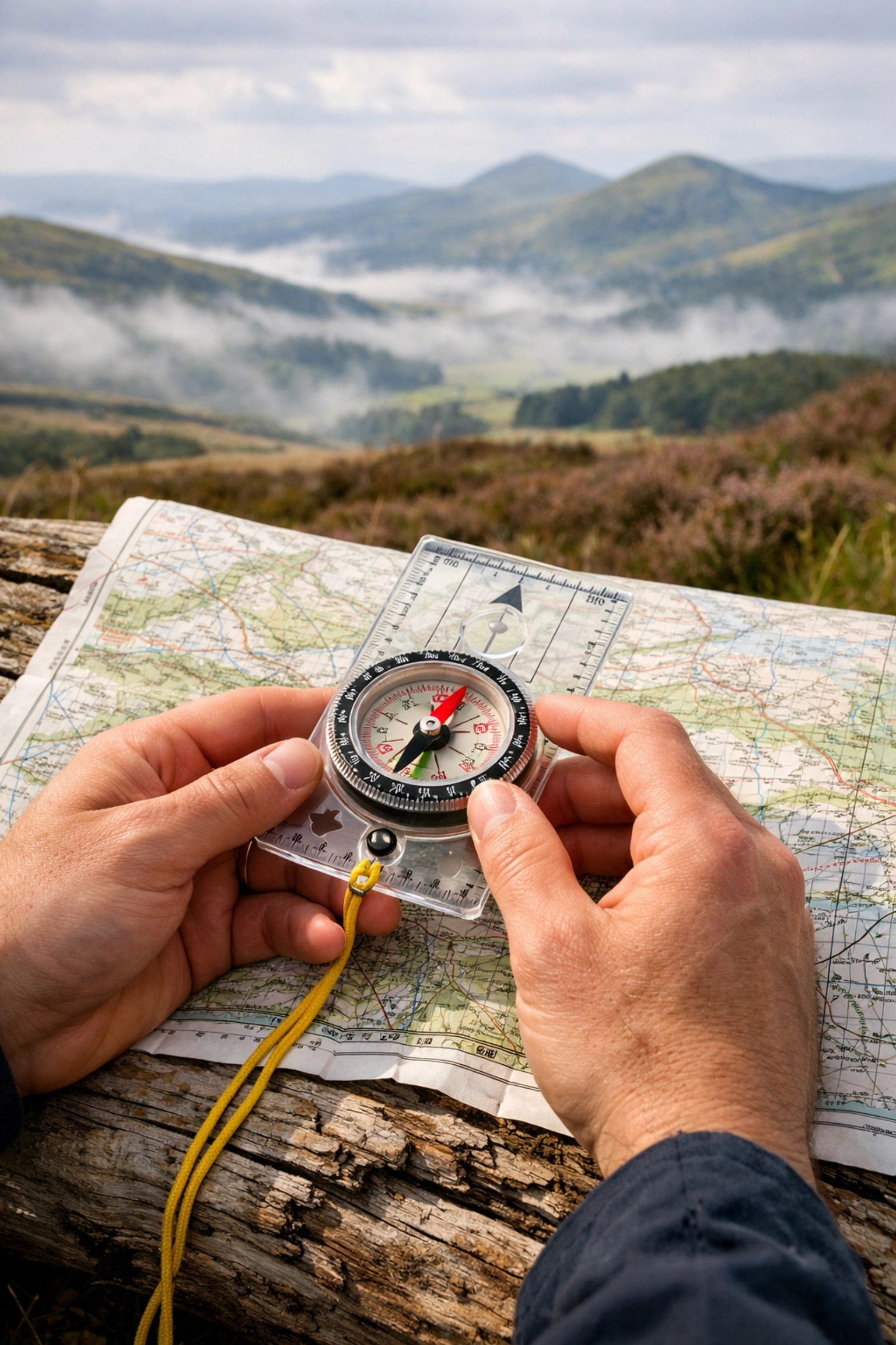 A hiker using a compass and topographic map for navigation in the UK wilderness.