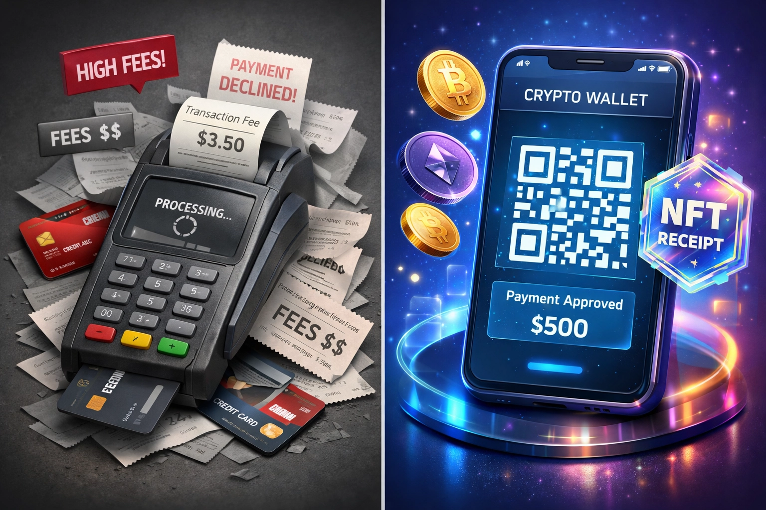 Comparison of traditional payment terminal versus modern crypto wallet with QR code and NFT receipt