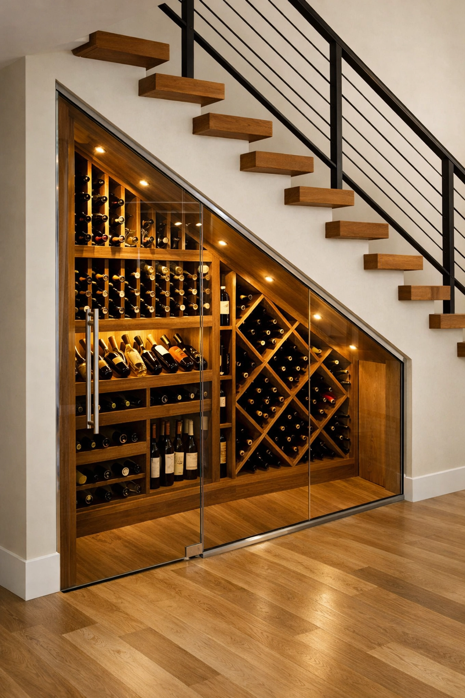 Space-saving under-stair wine cellar with custom wood racks and high-performance glass door.