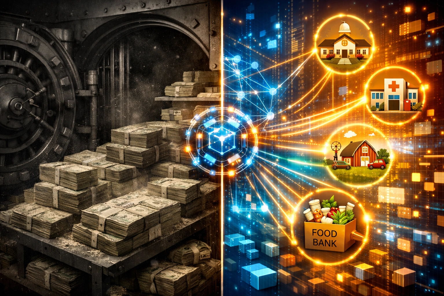 Blockchain payment system directing funds to schools, hospitals, and food banks