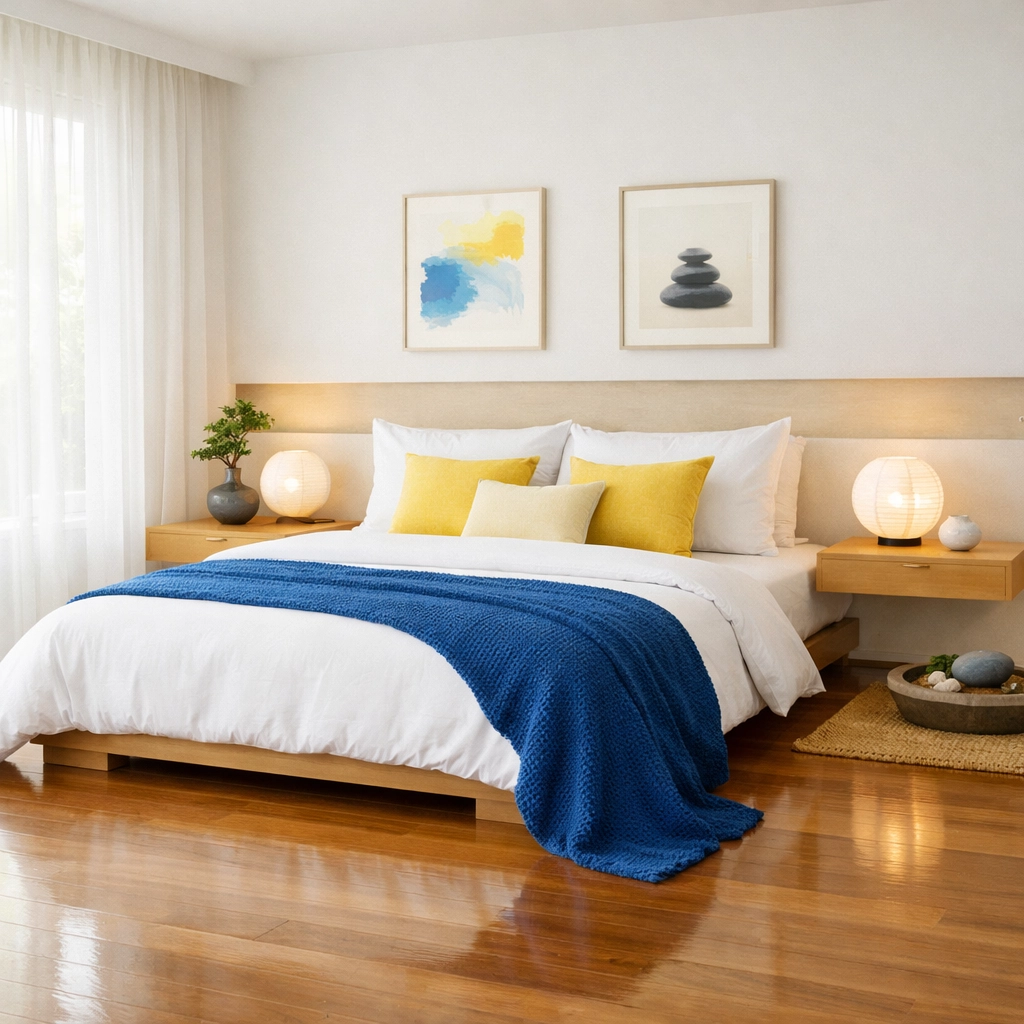 Minimalist bedroom in Princeton, MA, illustrating the peace provided by weekly house cleaning.