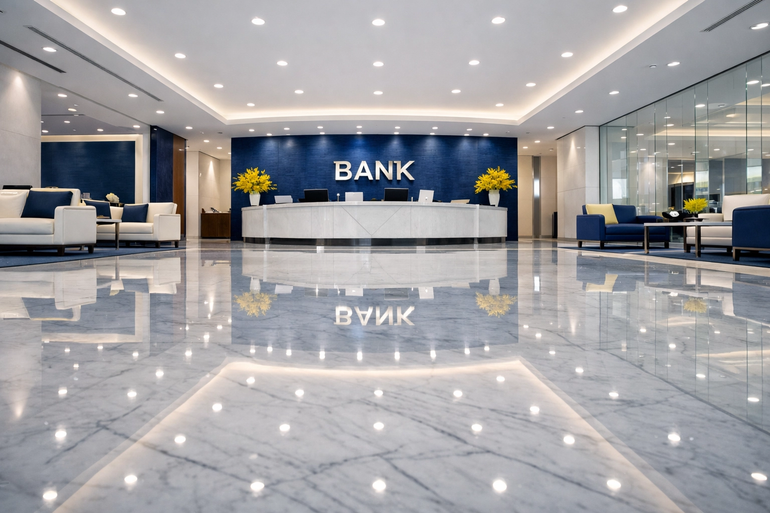 Clean and polished luxury bank lobby with professional blue accents and spotless marble floors.