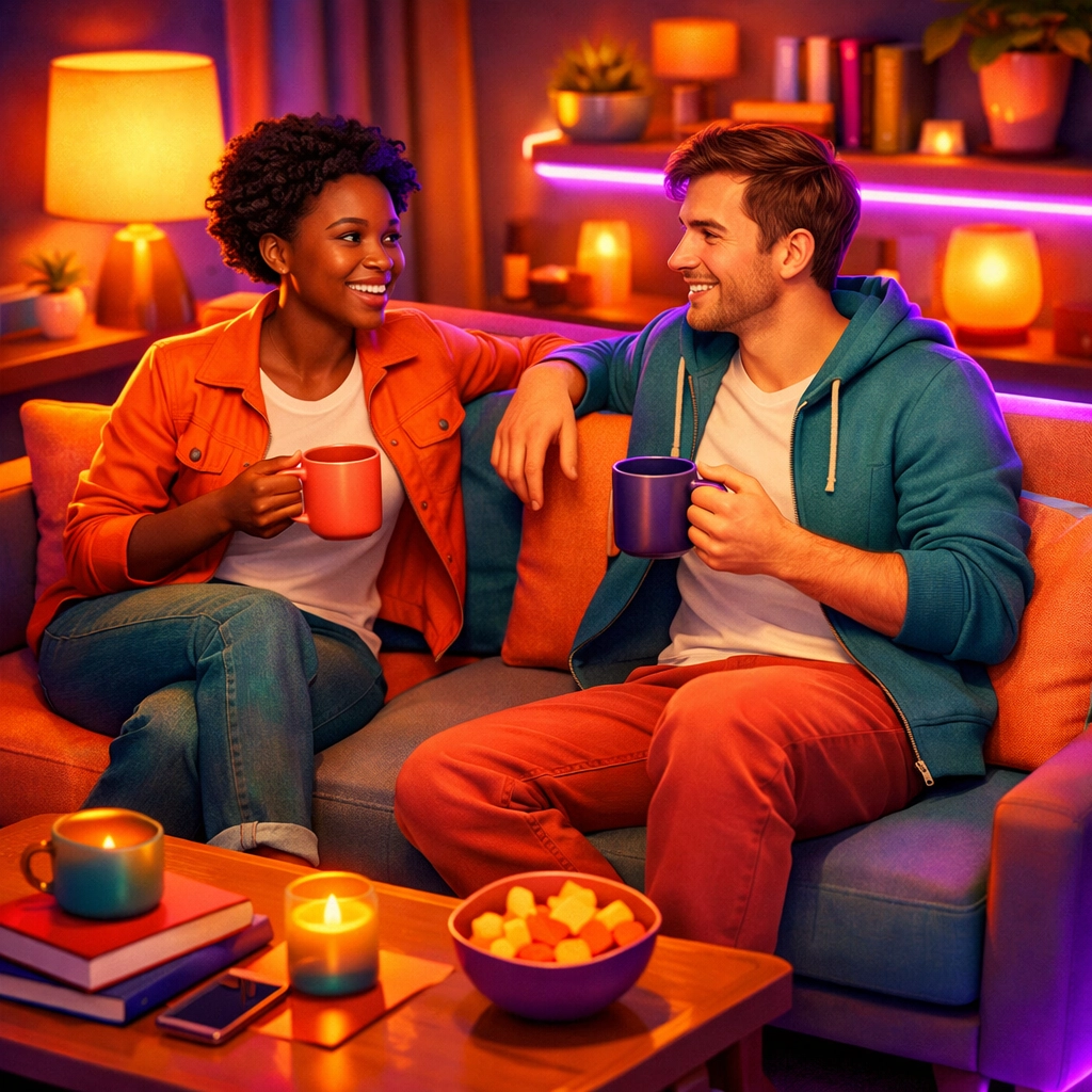 Couple having a relaxed boundary conversation on couch with coffee