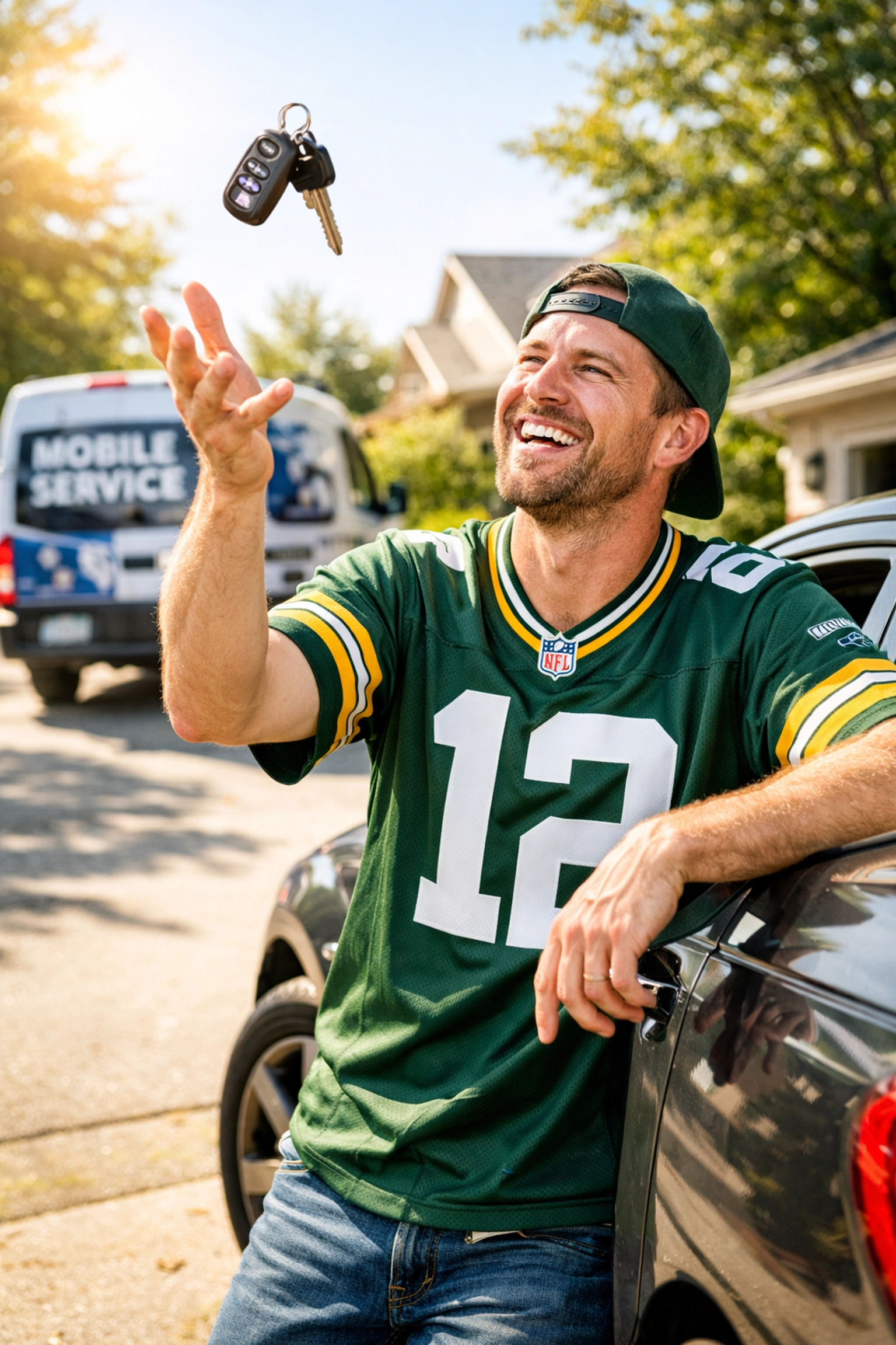 Happy Green Bay driver reclaiming their Saturday after a successful mobile car repair service.