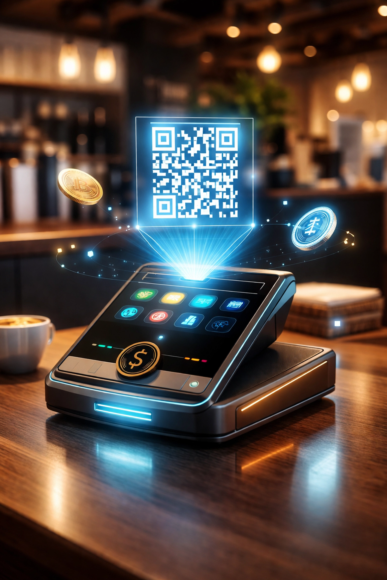 Futuristic crypto POS terminal in a modern shop, illustrating Web3 payments for small businesses