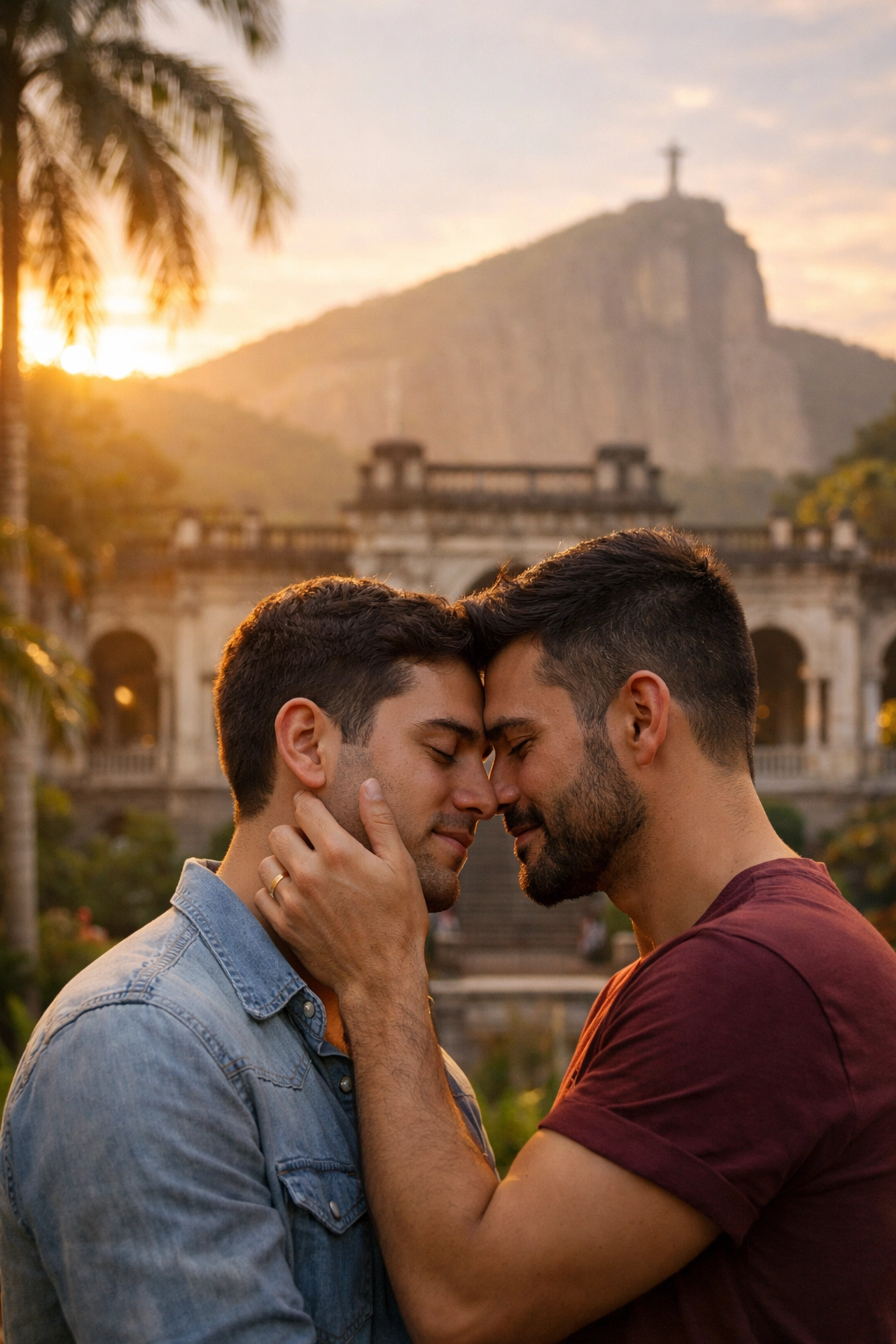 Gay couple sharing intimate moment at Parque Lage gardens during Rio golden hour