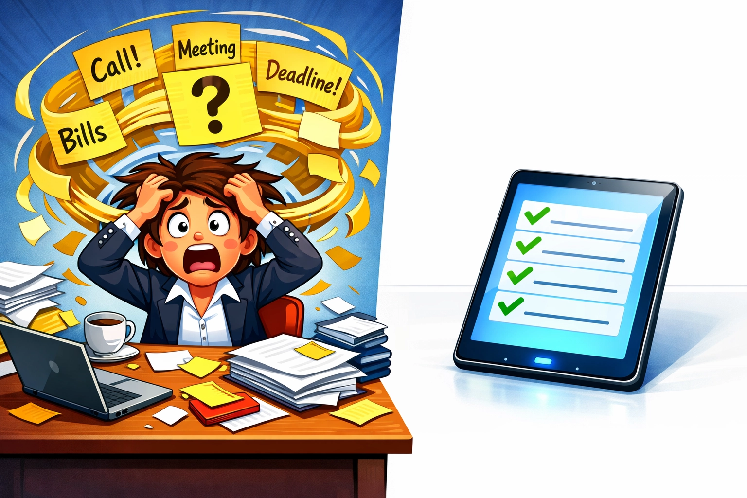 Business owner moving from messy sticky notes to an organized digital lead management system.